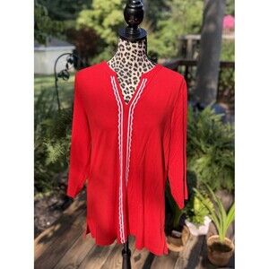 Lands’ End Red Embroidered Cotton Stretch Tunic Top 3/4 Sleeve Coastal Size L